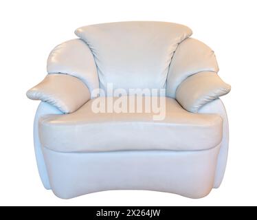 Front view of single cream or white sofa armchair is isolated on white background with clipping path. Stock Photo