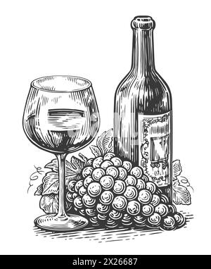 Ripe grapes, wine bottle and wine glass isolated on white background. Sketch vintage vector illustration Stock Vector