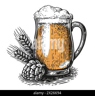 Glass mug beer, hops and ears of wheat. Pub, brewery concept. Hand drawn vintage vector illustration Stock Vector