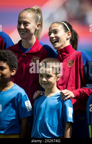 Keira Walsh (FC Barcelona) and Aitana Bonmati (FC Barcelona) smiles during a Women's UEFA Champions League first-leg semifinal match between FC Barcelona and Chelsea Women at Estadi Olimpic Lluis Companys, in Barcelona, ,Spain on April 20, 2024. Photo by Felipe Mondino Stock Photo