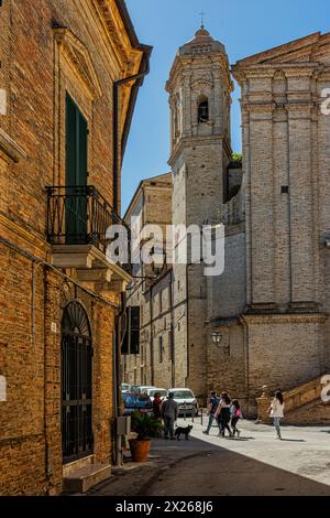 View of a street in the historic center of the city of Vasto with the bell tower and the facade of the church of Santa Maria del Carmine.Vasto, Abruzz Stock Photo