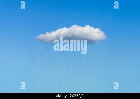Lone cloud with rain on blue sky. Single white fluffy cloud releasing rain isolated against a clear blue sky. Stock Photo