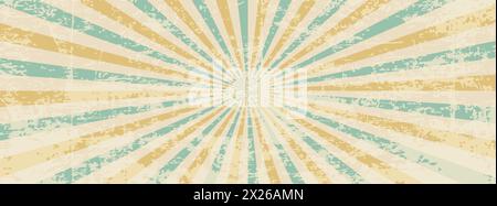 Vintage grunge shabby retro horizontal old poster background with diverging beams. Vector illustration Stock Vector