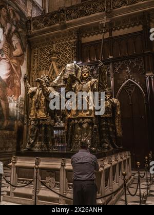 Tomb of Christopher Columbus carried by four heralds representing the four crowns of Spain located inside the Cathedral of Seville, Spain Stock Photo
