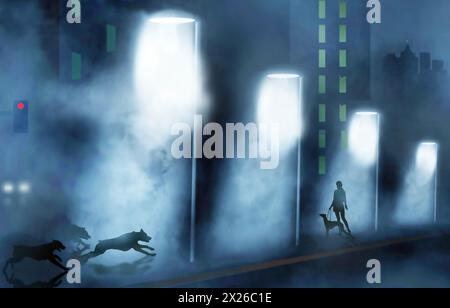 A pack of homeless stray dogs are seen in an urban setting approaching a woman who is walking her pet dog. This is a 3-d illustration about stray anim Stock Photo