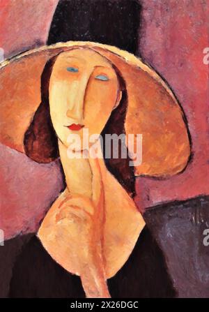 Portrait of Jeanne Hebuterne in a large hat, c.1918-19 (Painting) by Artist Modigliani, Amedeo (1884-1920) Italian. Stock Vector