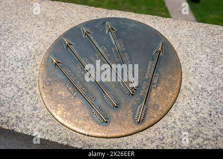 Brass directional markers adorn the top of the Pennsylvania State Monument on the Gettysburg Battlefield in Gettysburg, Pennsylvania, USA. Stock Photo