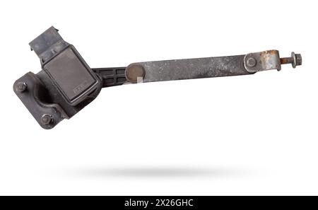 Car ride height sensor for headlight level adjustment on a white isolated background. Catalog of spare parts for vehicles. Stock Photo
