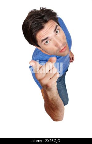 Man, top view and pointing up for advertising with mockup in portrait, info or announcement with news on white background. Marketing, promo or Stock Photo