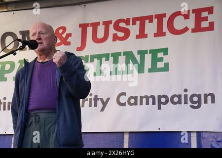 Singer song writer Christy Moore speak during a national demonstration in support of Palestine at a rally outside Leinster House in Dublin. Picture date: Saturday April 20, 2024. Stock Photo