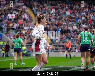 London, UK. 20th Apr, 2024. Twickenham Stadium, London, 20th April 2024: Jess Breach (England 11) celebrates her try in the match between England and Ireland in the Women's Six Nations Championships at Twickenham Stadium, London on 20th April 2024 (Claire Jeffrey/SPP) Credit: SPP Sport Press Photo. /Alamy Live News Stock Photo