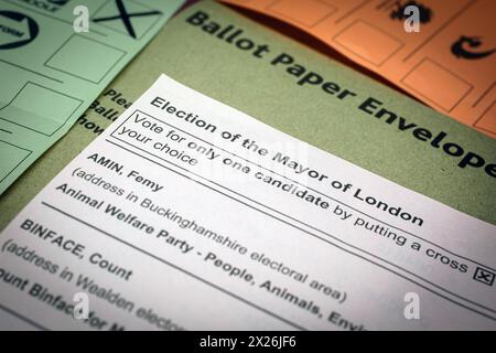 London , United Kingdom , 20.04.2024 , Completing a postal vote ballot paper for the London Mayoral and assembly member elections. Thirteen candidates are standing, with current Mayor Sadiq Khan on course for victory to become mayor of London on 2 May.Credit: Horst Friedrichs/Alamy Live Stock Photo
