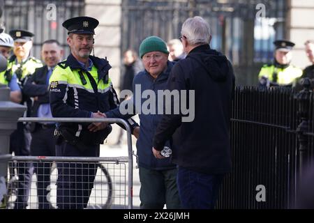 Singer song writer Christy Moore arrives to perform during a national demonstration in support of Palestine at a rally outside Leinster House in Dublin. Picture date: Saturday April 20, 2024. Stock Photo