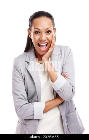 Woman, excited and portrait for career, corporate planning or project management for business on white background. Indian lady or consultant isolated Stock Photo
