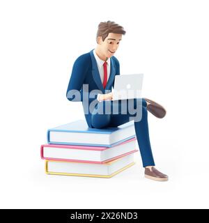 3d cartoon businessman sitting on books with laptop, illustration isolated on white background Stock Photo