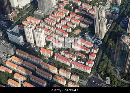 View from the 632-metre-high Shanghai Tower, nicknamed The Twist, Shanghai, People's Republic of China, aerial view of an urban residential area with Stock Photo