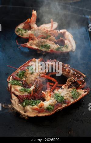 Cooked lobster (homarus) with caviar, vegetables and garlic butter on a plancha, Atlantic coast, Vandee, France Stock Photo