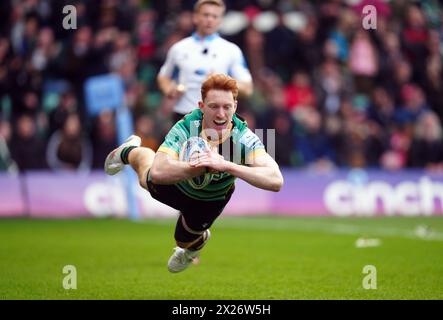 Northampton Saints' George Hendy dives over to score a try during the Gallagher Premiership match at the cinch Stadium at Franklin's Gardens, Northampton. Picture date: Saturday April 20, 2024. Stock Photo