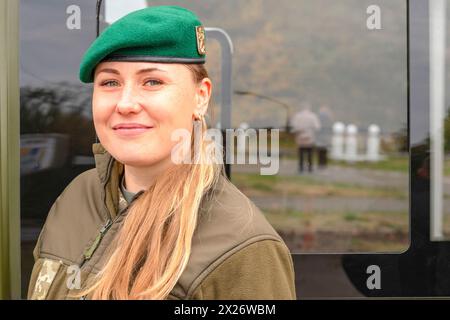 Woman in uniform. Soldier girl wearing military protective clothing. girl in a military beret. Army woman concept. Vinnitsa.Ukraine 03.25.2019. Stock Photo