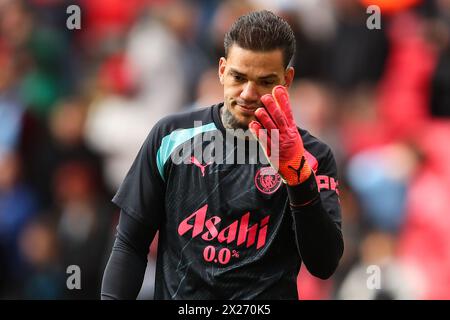 Ederson of Manchester City during the pre-game warm up ahead of the Emirates FA Cup Semi-Final match Manchester City vs Chelsea at Wembley Stadium, London, United Kingdom, 20th April 2024  (Photo by Gareth Evans/News Images) in London, United Kingdom on 4/20/2024. (Photo by Gareth Evans/News Images/Sipa USA) Stock Photo