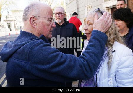 Stardust fire survivor Antoinette Keegan, with singer song writer Christy Moore after he performed at the national demonstration in support of Palestine, in Dublin. Picture date: Saturday April 20, 2024. A verdict of unlawful killing was returned by the jury in the Stardust fire inquests for all 48 people who died in the Dublin nightclub disaster in the early hours of Valentine's Day in 1981, the worst fire disaster in the history of the Irish state. The inquests, the longest held in Ireland, began in April last year and heard evidence from 373 peoplePicture date: Saturday April 20, 2024. Stock Photo