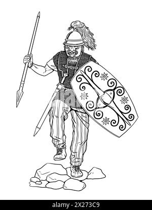 Gallic Warrior on the attack. Drawing with Roman enemies - barbarians. Stock Photo