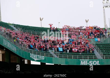 Elche, Spain. 20th Apr, 2024. ELCHE, SPAIN - APRIL 20: Fans of Real Sporting de Gijon during the LaLiga Hypermotion match between Elche CF and Real Sporting de Gijon at Manuel Martinez Valero Stadium, on April 20, 2024 in Elche, Spain. (Photo By Francisco Macia/Photo Players Images) Credit: Magara Press SL/Alamy Live News Stock Photo
