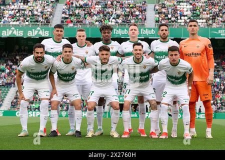 Elche, Spain. 20th Apr, 2024. ELCHE, SPAIN - APRIL 20: The Elche CF team line up for a photo prior to kick off the LaLiga Hypermotion match between Elche CF and Real Sporting de Gijon at Manuel Martinez Valero Stadium, on April 20, 2024 in Elche, Spain. (Photo By Francisco Macia/Photo Players Images) Credit: Magara Press SL/Alamy Live News Stock Photo