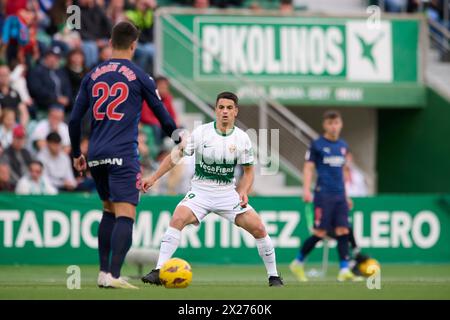 Elche, Spain. 20th Apr, 2024. ELCHE, SPAIN - APRIL 20: Sergio Bermejo Right Winger of Elche CF in action during the LaLiga Hypermotion match between Elche CF and Real Sporting de Gijon at Manuel Martinez Valero Stadium, on April 20, 2024 in Elche, Spain. (Photo By Francisco Macia/Photo Players Images) Credit: Magara Press SL/Alamy Live News Stock Photo