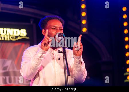 Kings Heath, Birmingham, UK. 20th Apr, 2024. Spoken word poet Ryan Dre Sinclair performs as part of the BLACK SOUND, SONG AND SOMA. DEEPING IT: A LIVE EXPERIENCE at the Heath Bookshop Literature and Music Festival, Kings Heath, Birmingham, UK Credit: Peter Lopeman/Alamy Live News Stock Photo