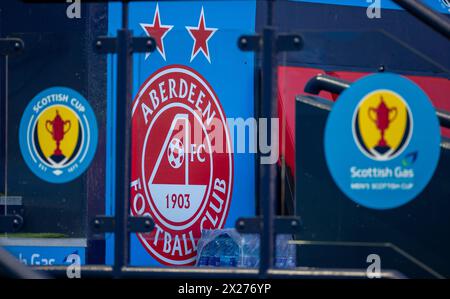 Glasgow, Scotland, UK. 20th April 2024; Hampden Park, Glasgow, Scotland: Scottish Cup Football Semi Final, Aberdeen versus Celtic; Aberdeen badge and the Scottish Cup logo Credit: Action Plus Sports Images/Alamy Live News Stock Photo