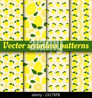 A collection of vector seamless patterns. Background of fresh lemons. Stock Vector