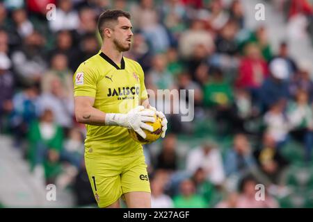 Elche, Spain. 20th Apr, 2024. ELCHE, SPAIN - APRIL 20: Ruben Yanez Goalkeeper of Real Sporting de Gijon in action during the LaLiga Hypermotion match between Elche CF and Real Sporting de Gijon at Manuel Martinez Valero Stadium, on April 20, 2024 in Elche, Spain. (Photo By Francisco Macia/Photo Players Images) Credit: Magara Press SL/Alamy Live News Stock Photo