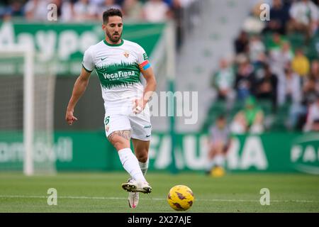 Elche, Spain. 20th Apr, 2024. ELCHE, SPAIN - APRIL 20: Pedro Bigas Centre-Back of Elche CF passes the ball during the LaLiga Hypermotion match between Elche CF and Real Sporting de Gijon at Manuel Martinez Valero Stadium, on April 20, 2024 in Elche, Spain. (Photo By Francisco Macia/Photo Players Images) Credit: Magara Press SL/Alamy Live News Stock Photo