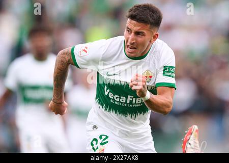Elche, Spain. 20th Apr, 2024. ELCHE, SPAIN - APRIL 20: Nico Fernandez Left-Back of Elche CF in action the LaLiga Hypermotion match between Elche CF and Real Sporting de Gijon at Manuel Martinez Valero Stadium, on April 20, 2024 in Elche, Spain. (Photo By Francisco Macia/Photo Players Images) Credit: Magara Press SL/Alamy Live News Stock Photo