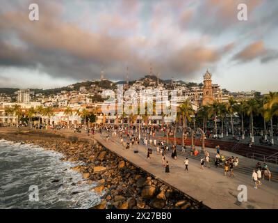 End of the boardwalk where people walk seen from aerial view. el Malecon Puerto Vallarta Mexico. Stock Photo