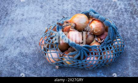 Bag of onions on a gray concrete background. Reusable bags for vegetables. Eco-friendly packaging. Reusable eco-friendly cotton mesh bag with onions. Stock Photo