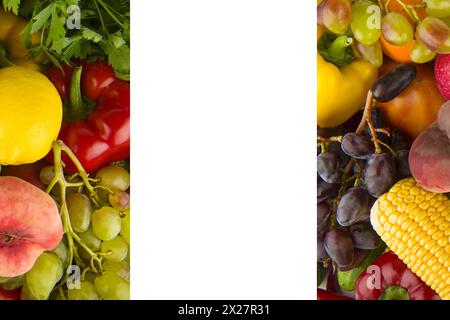 Set of vegetables and fruits isolated on a white background. There is free space for text. Collage. Stock Photo