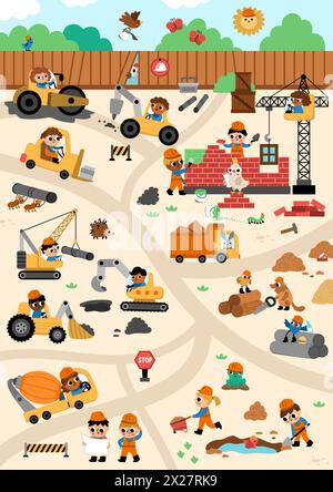 Vector construction site and road work vertical landscape illustration. Building scene with funny kid builders, transport, bulldozer, tractor, truck, Stock Vector