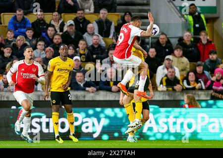 Wolverhampton, UK. 20th Apr, 2024. Gabriel Jesus of Arsenal climbs above João Gomes of Wolves during the Premier League match between Wolverhampton Wanderers and Arsenal at Molineux, Wolverhampton, England on 20 April 2024. Photo by Stuart Leggett. Editorial use only, license required for commercial use. No use in betting, games or a single club/league/player publications. Credit: UK Sports Pics Ltd/Alamy Live News Stock Photo