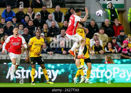 Wolverhampton, UK. 20th Apr, 2024. Gabriel Jesus of Arsenal climbs above João Gomes of Wolves during the Premier League match between Wolverhampton Wanderers and Arsenal at Molineux, Wolverhampton, England on 20 April 2024. Photo by Stuart Leggett. Editorial use only, license required for commercial use. No use in betting, games or a single club/league/player publications. Credit: UK Sports Pics Ltd/Alamy Live News Stock Photo