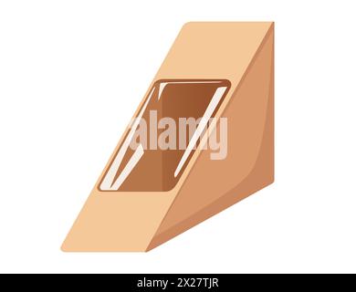 Brown paper packaging triangle shaped box with transparent window for fast food takeaway sandwiches vector illustration isolated on white background Stock Vector