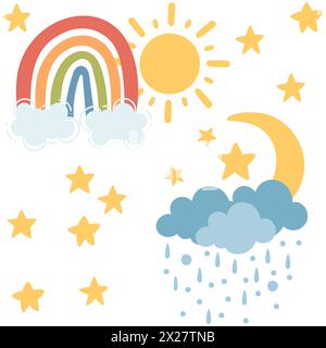 Seamless pattern of weather rainbow sun moon and clouds vector illustration on white background Stock Vector