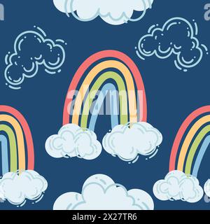 Seamless pattern of colored rainbows with cloud vector illustration on blue background Stock Vector