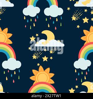 Seamless pattern of weather rainbow sun moon and clouds vector illustration on dark background Stock Vector
