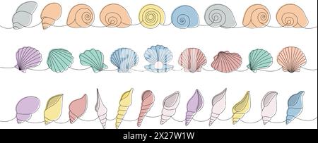 Underwater shells set. Sea shells, mollusks, scallop, pearls. Tropical underwater shells continuous one line illustration. Stock Vector