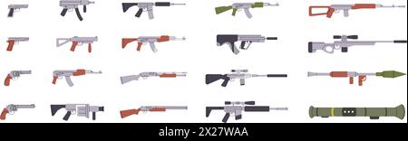 Modern weapons. Military weapons silhouettes. Tactical assault rifles, smoothbore guns. Vector illustration. Stock Vector