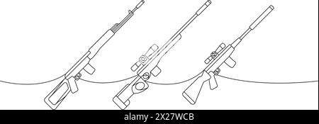 Set of sniper rifles one line continuous drawing. Various modern weapons continuous one line illustration. Vector linear illustration. Stock Vector