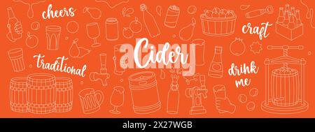 Cider outline set. Wooden barrels, cans, glasses, mugs, metal keg, bottle opener, tap. Hand drawn fruit beer collection. Cider process production. Stock Vector