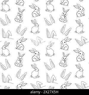 Seamless pattern of hand-drawn rabbits and ears. Festive Easter bunnies design. Continuous one line drawing. Isolated on white backdrop. For Easter de Stock Vector